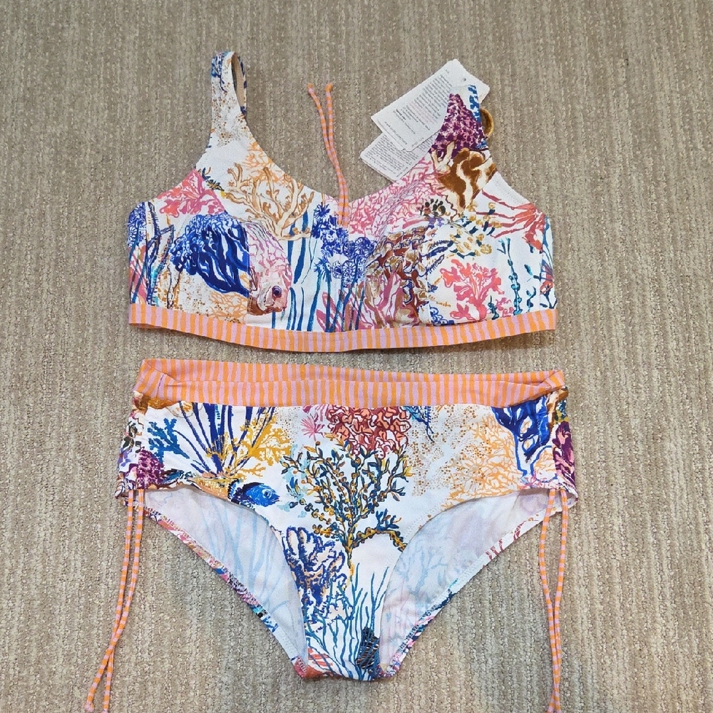 Blue and Orange Bikini Set with Watercolor Floral Design